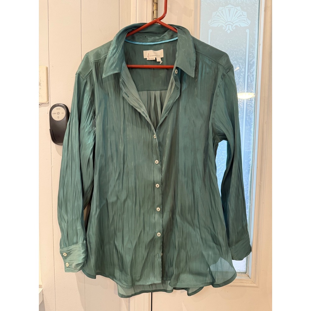 Anthropologie Teal Green Shimmer Crinkle Button Down Blouse Long Sleeve Large